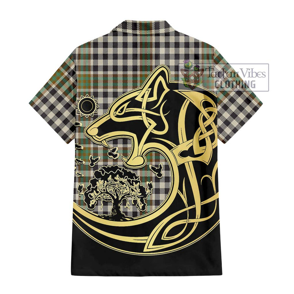 Burns Check Tartan Short Sleeve Button Shirt with Family Crest Celtic Wolf Style - Tartan Vibes Clothing