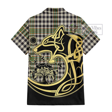 Burns Check Tartan Short Sleeve Button Shirt with Family Crest Celtic Wolf Style