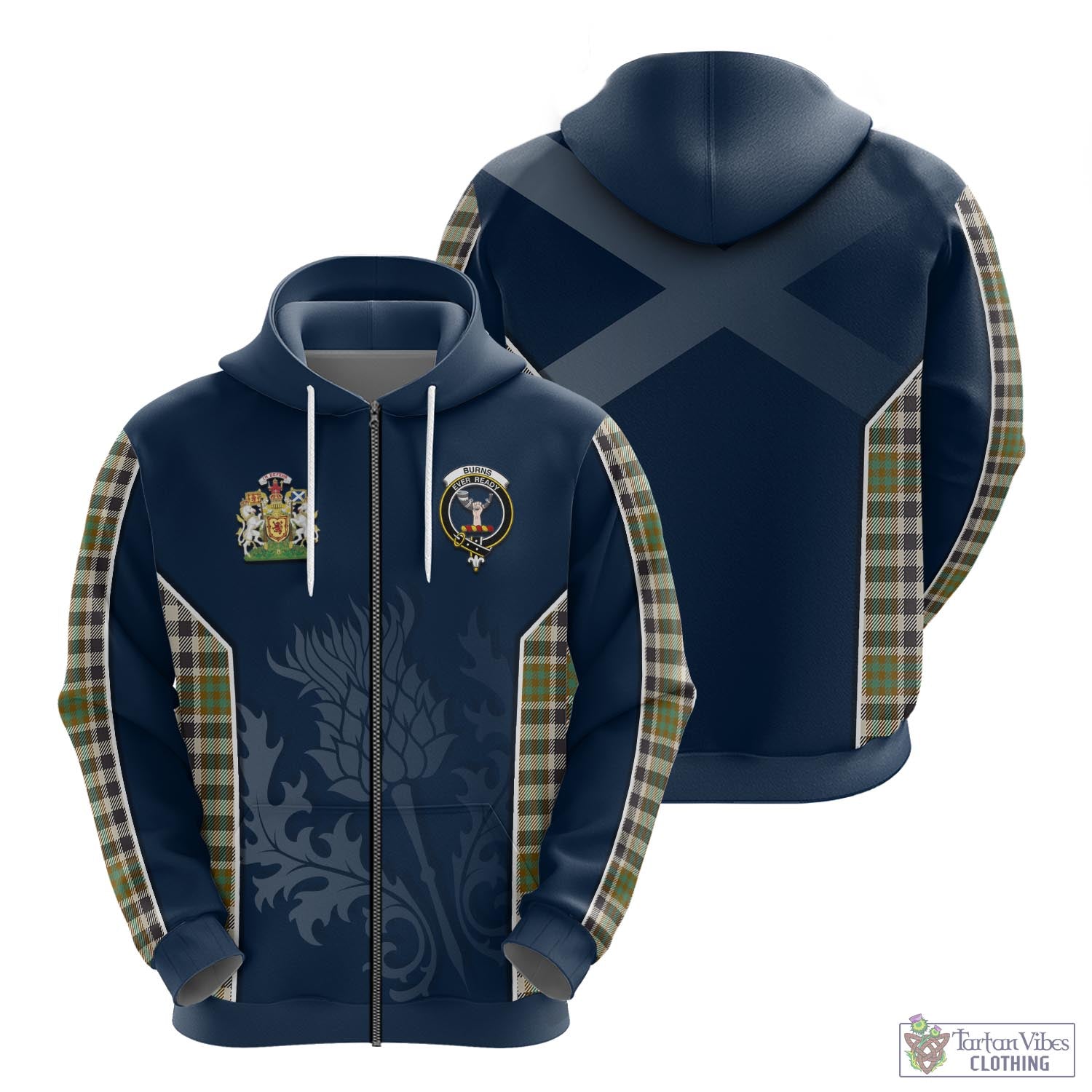 Tartan Vibes Clothing Burns Check Tartan Hoodie with Family Crest and Scottish Thistle Vibes Sport Style