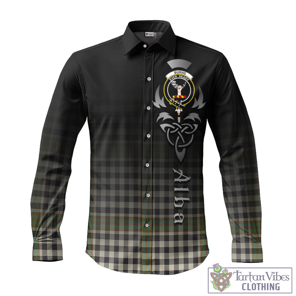 Tartan Vibes Clothing Burns Check Tartan Long Sleeve Button Up Featuring Alba Gu Brath Family Crest Celtic Inspired