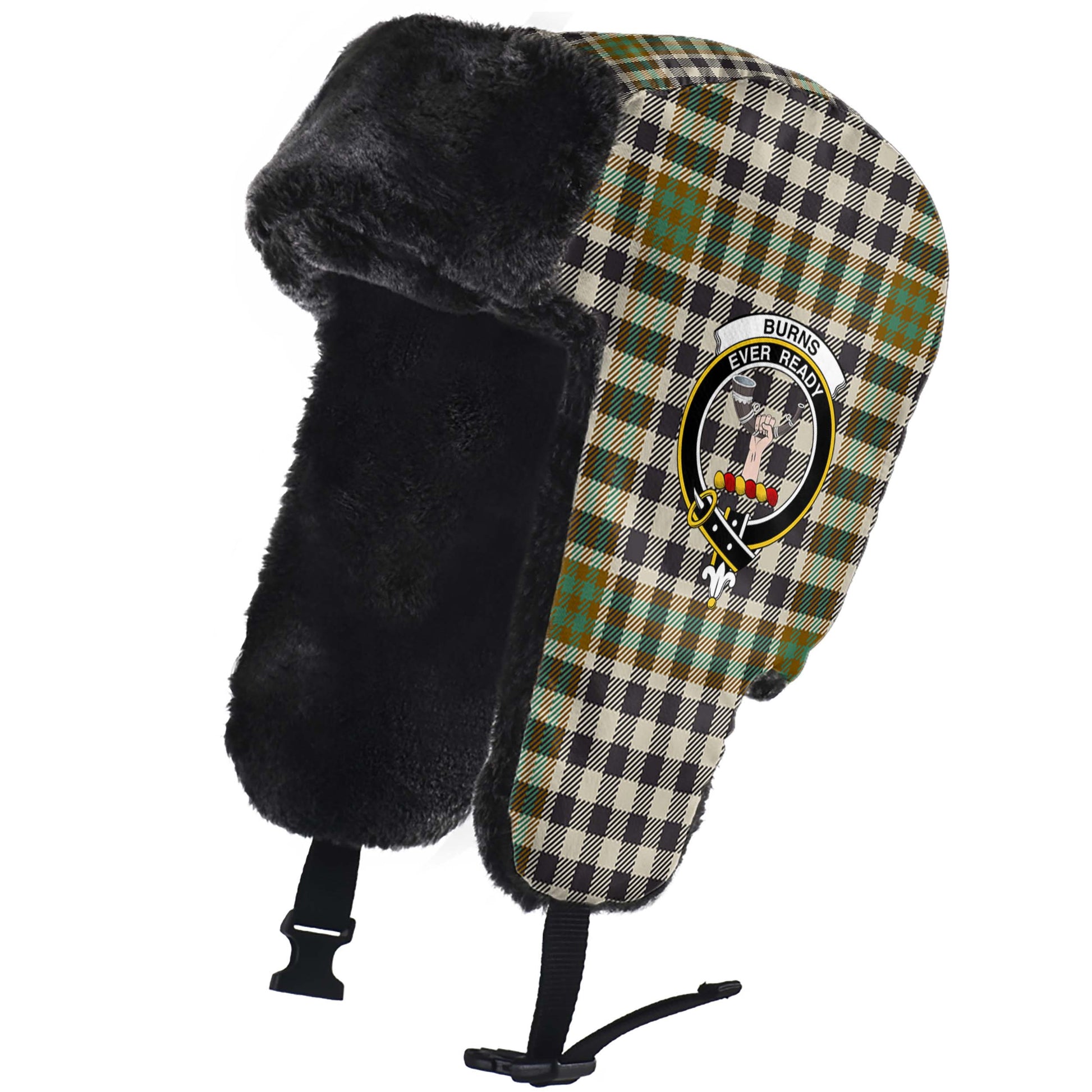 Burns Check Tartan Winter Trapper Hat with Family Crest - Tartanvibesclothing
