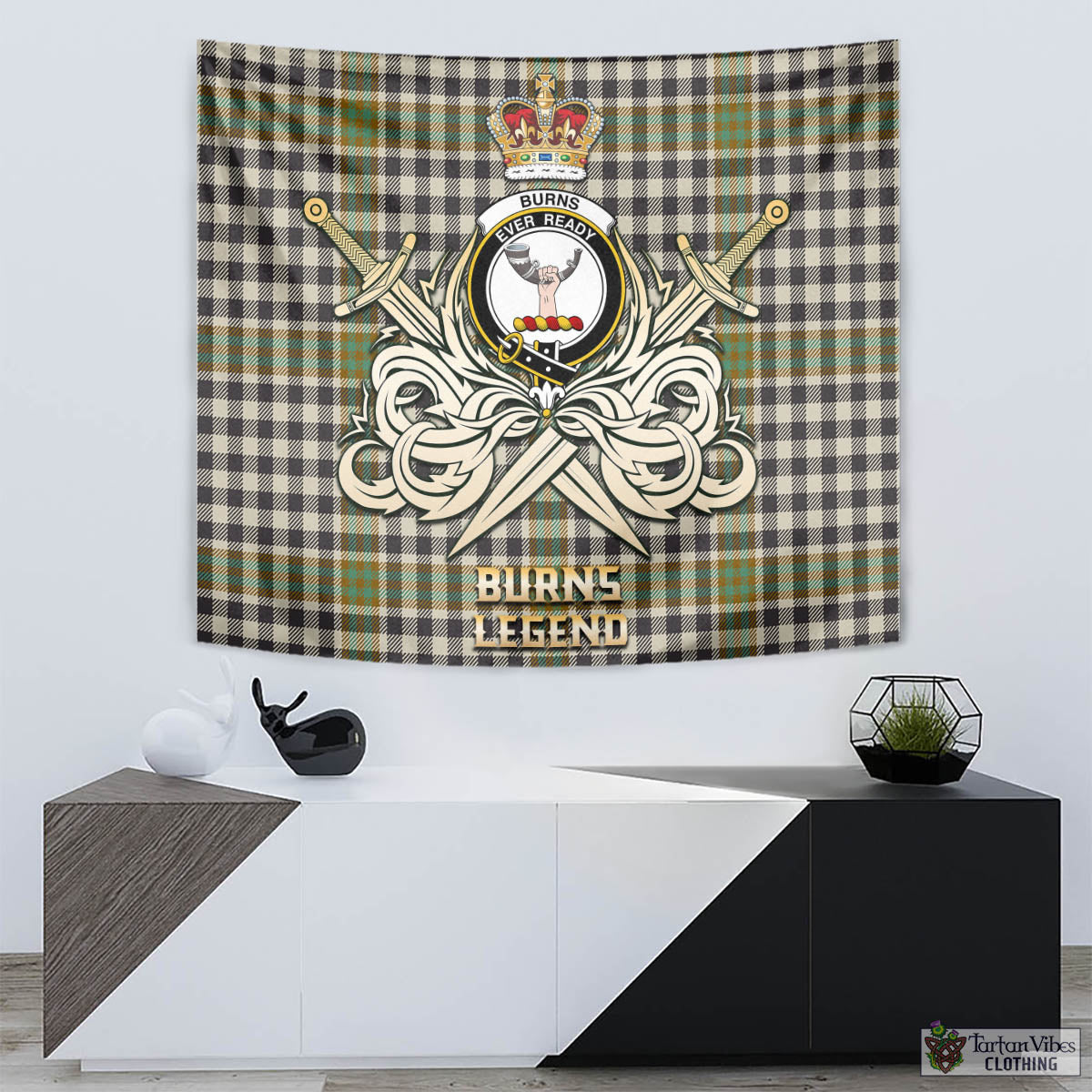 Tartan Vibes Clothing Burns Check Tartan Tapestry with Clan Crest and the Golden Sword of Courageous Legacy