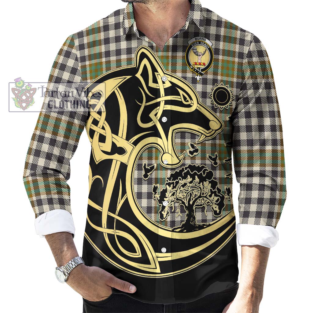 Tartan Vibes Clothing Burns Check Tartan Long Sleeve Button Shirt with Family Crest Celtic Wolf Style