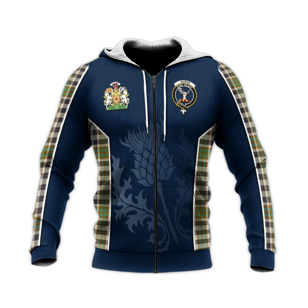 Tartan Vibes Clothing Burns Check Tartan Knitted Hoodie with Family Crest and Scottish Thistle Vibes Sport Style