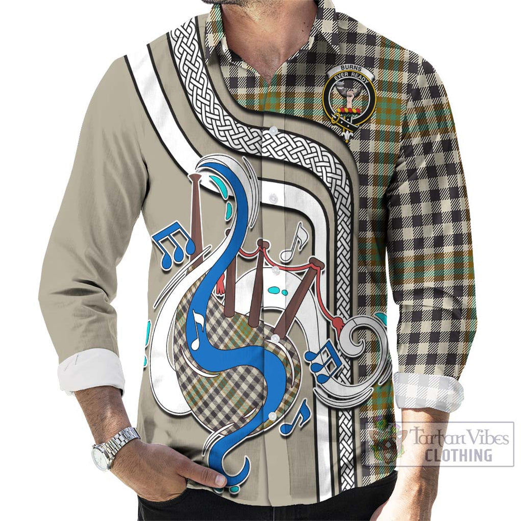 Burns Check Tartan Long Sleeve Button Shirt with Epic Bagpipe Style - Tartanvibesclothing Shop