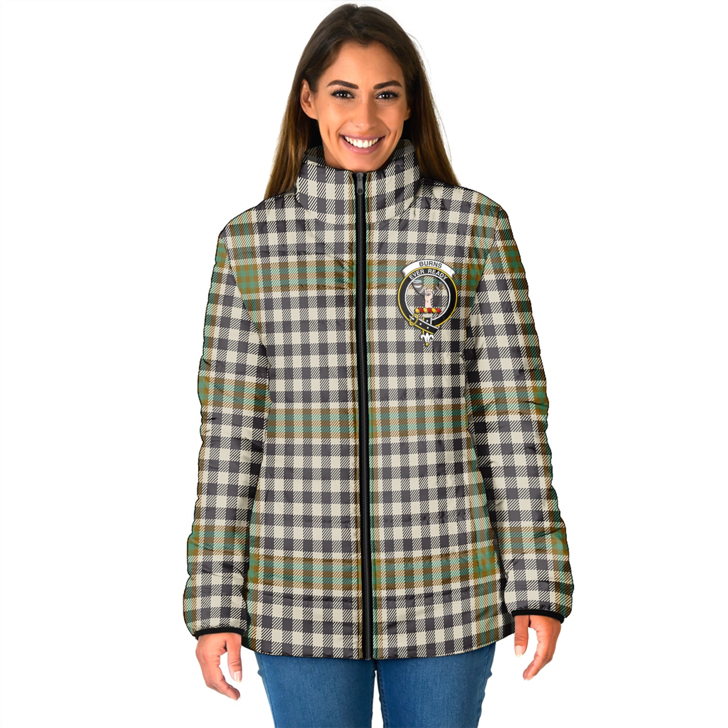 Burns Check Tartan Padded Jacket with Family Crest - Tartan Vibes Clothing