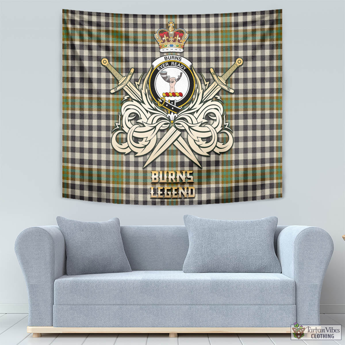 Tartan Vibes Clothing Burns Check Tartan Tapestry with Clan Crest and the Golden Sword of Courageous Legacy