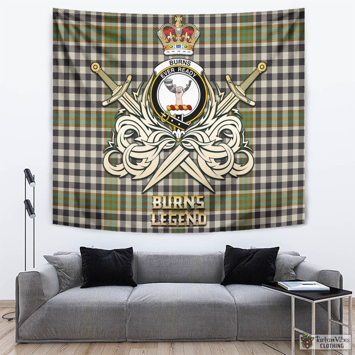 Tartan Vibes Clothing Burns Check Tartan Tapestry with Clan Crest and the Golden Sword of Courageous Legacy