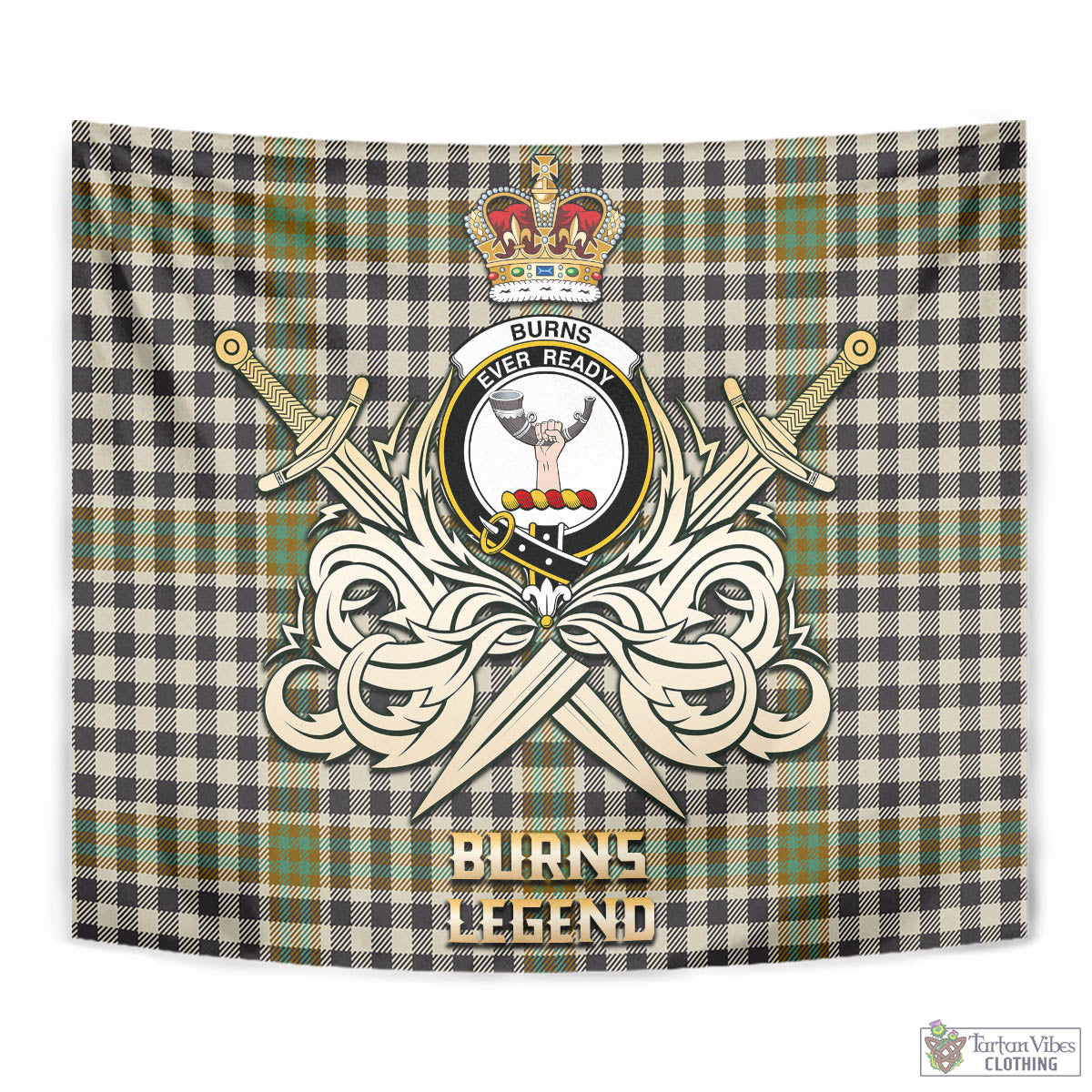 Tartan Vibes Clothing Burns Check Tartan Tapestry with Clan Crest and the Golden Sword of Courageous Legacy