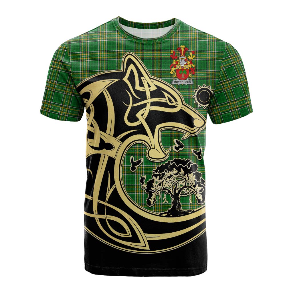 Tartan Vibes Clothing Burroughs Irish Tartan Cotton T-shirt with Coat of Arms Celtic Wolf Style