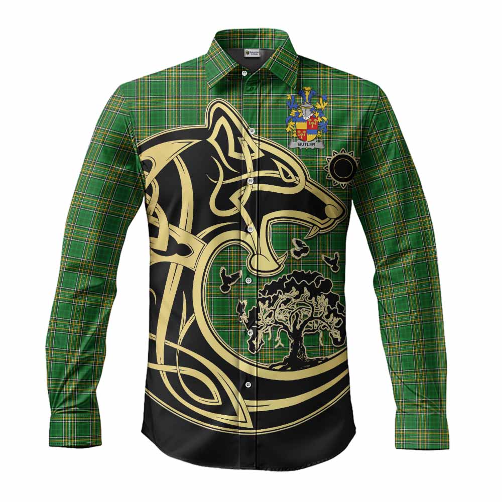 Tartan Vibes Clothing Butler Irish Tartan Long Sleeve Button Shirt with Coat of Arms Celtic Wolf Style