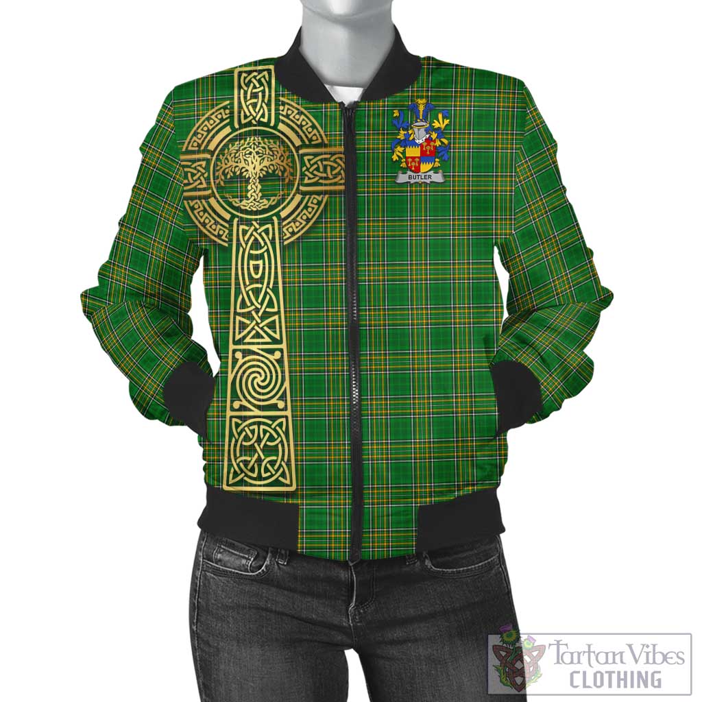 Tartan Vibes Clothing Butler Irish Clan Tartan Bomber Jacket with Coat of Arms Celtic Tree of Life Style