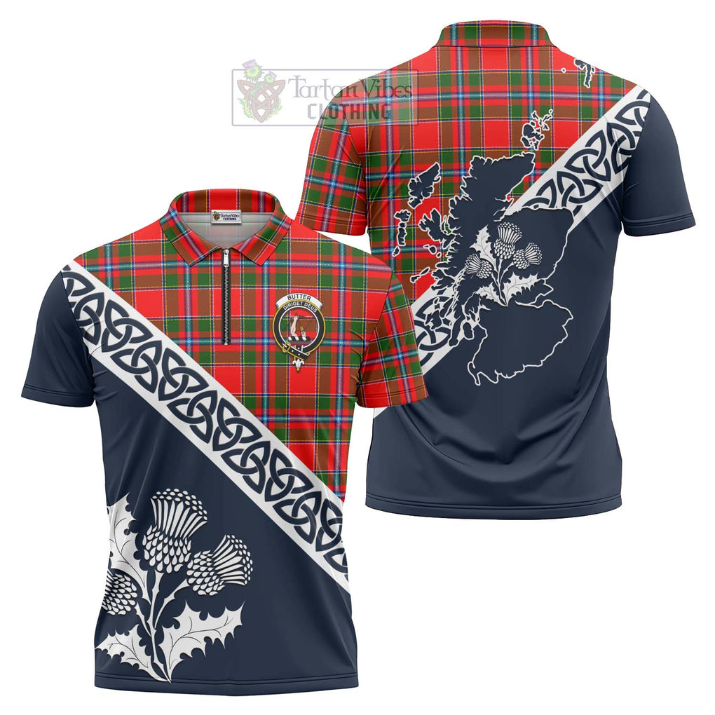 Tartan Vibes Clothing Butter Tartan Zipper Polo Shirt Featuring Thistle and Scotland Map