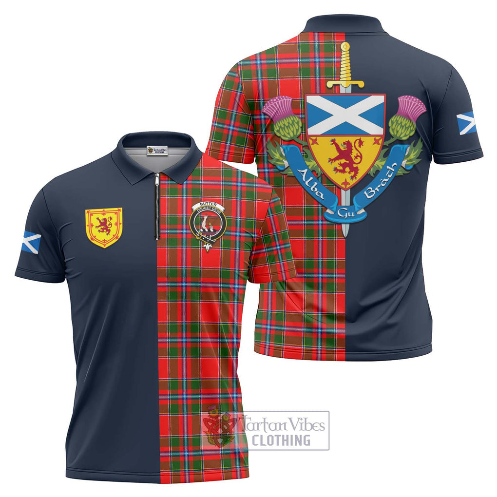 Tartan Vibes Clothing Butter Tartan Zipper Polo Shirt with Scottish Lion Royal Arm Half Style