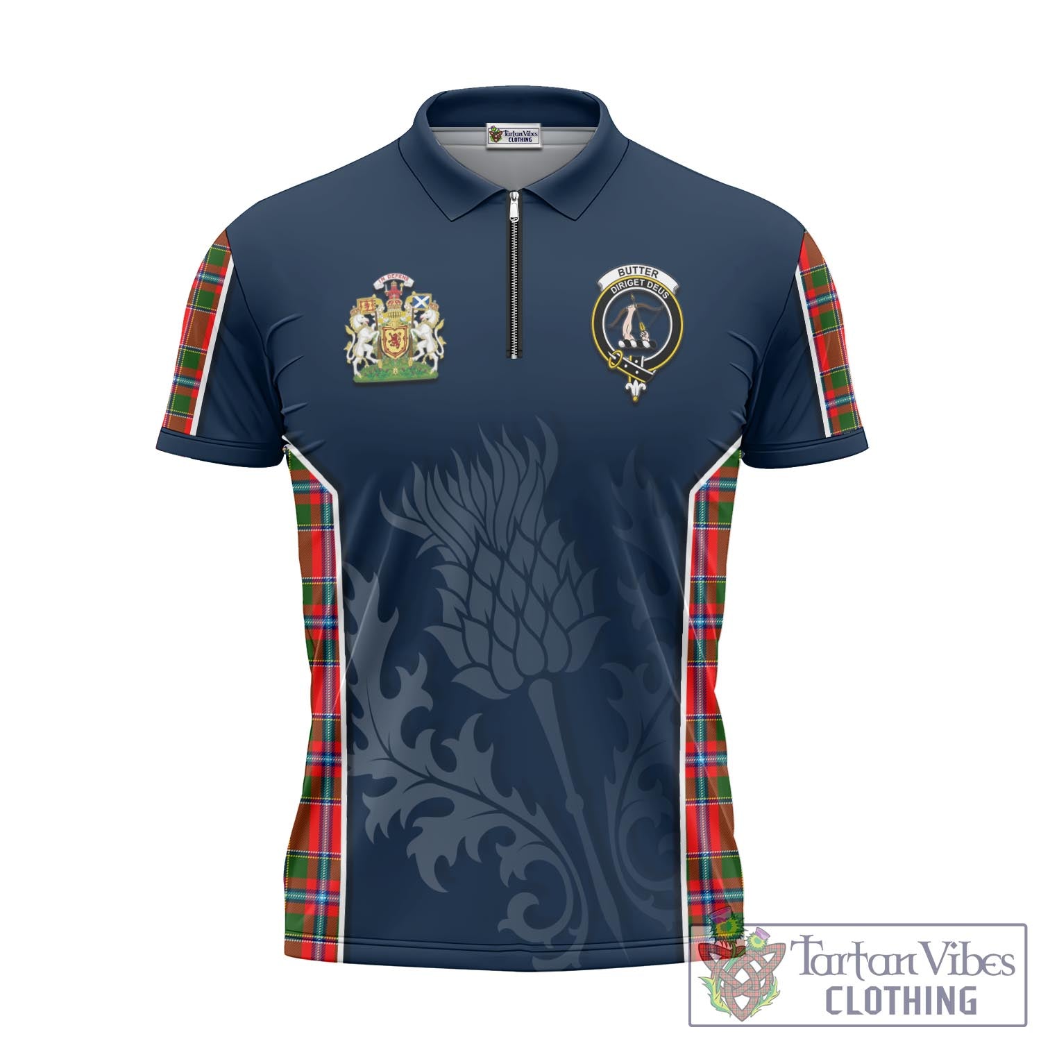 Tartan Vibes Clothing Butter Tartan Zipper Polo Shirt with Family Crest and Scottish Thistle Vibes Sport Style