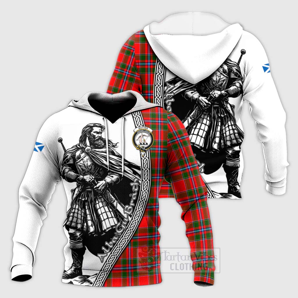 Tartan Vibes Clothing Butter Tartan Clan Crest Knitted Hoodie with Highlander Warrior Celtic Style