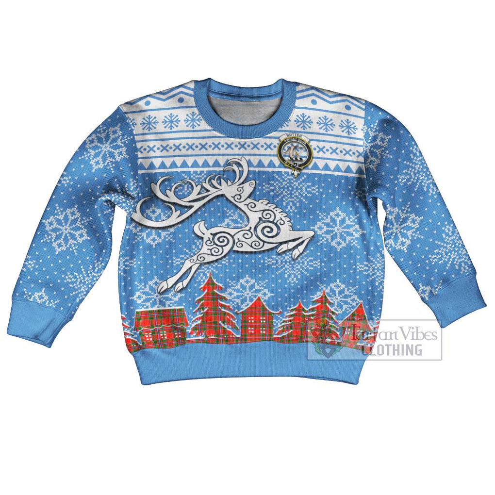 Tartan Vibes Clothing Butter Clan Christmas Kid Ugly Sweater with Tartan and Celtic Raindeer Style