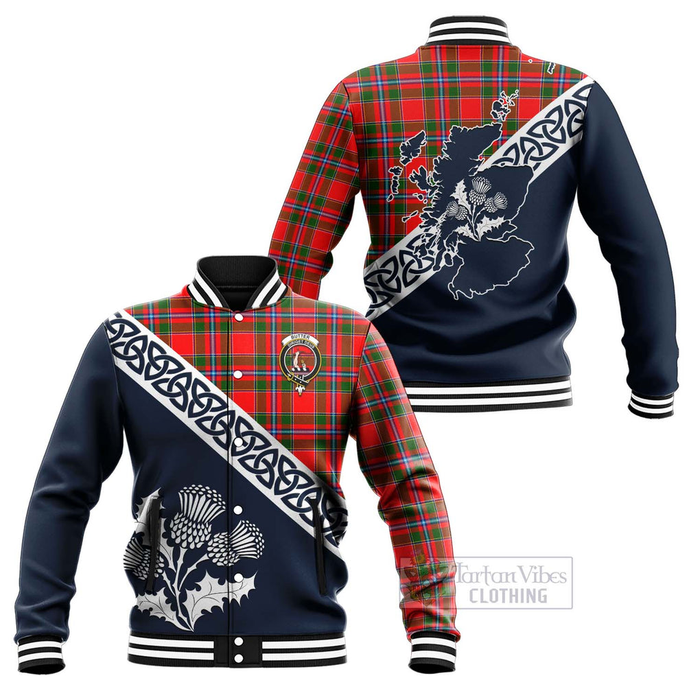 Tartan Vibes Clothing Butter Tartan Baseball Jacket Featuring Thistle and Scotland Map