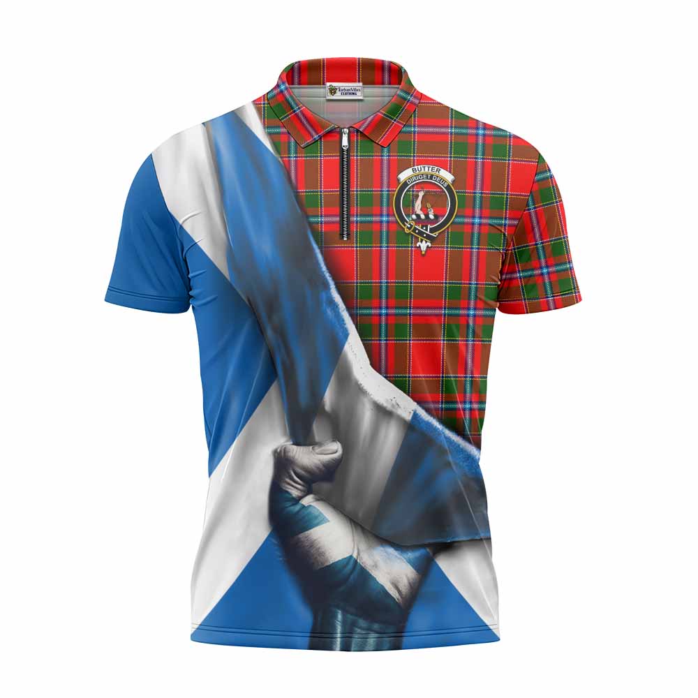 Tartan Vibes Clothing Butter Tartan Zipper Polo Shirt with Family Crest Scotland Patriotic Style