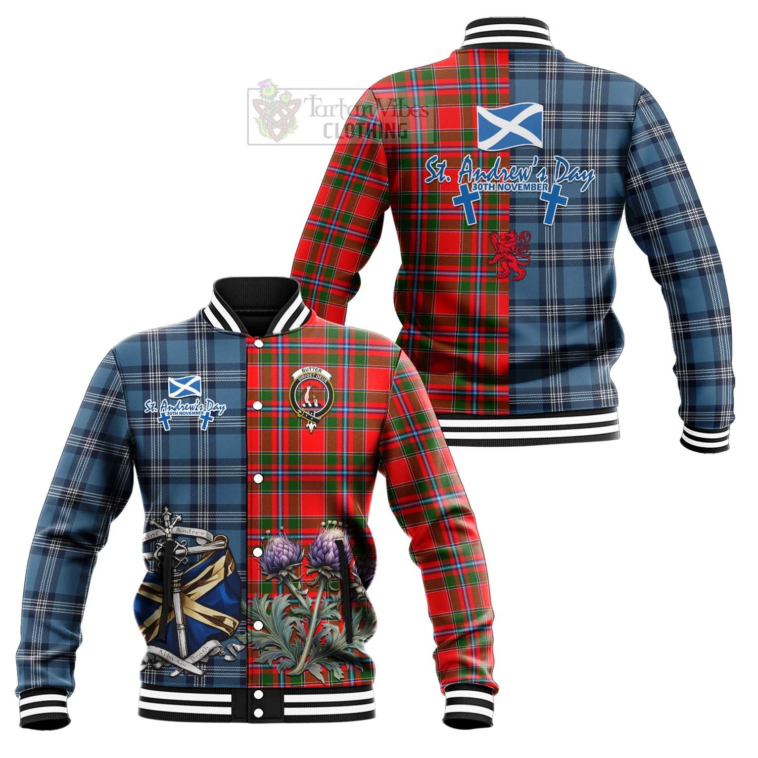 Tartan Vibes Clothing Butter Tartan Baseball Jacket Happy St. Andrew's Day Half Tartan Style