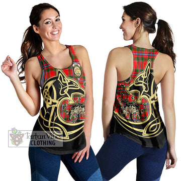 Butter Tartan Women's Racerback Tanks with Family Crest Celtic Wolf Style