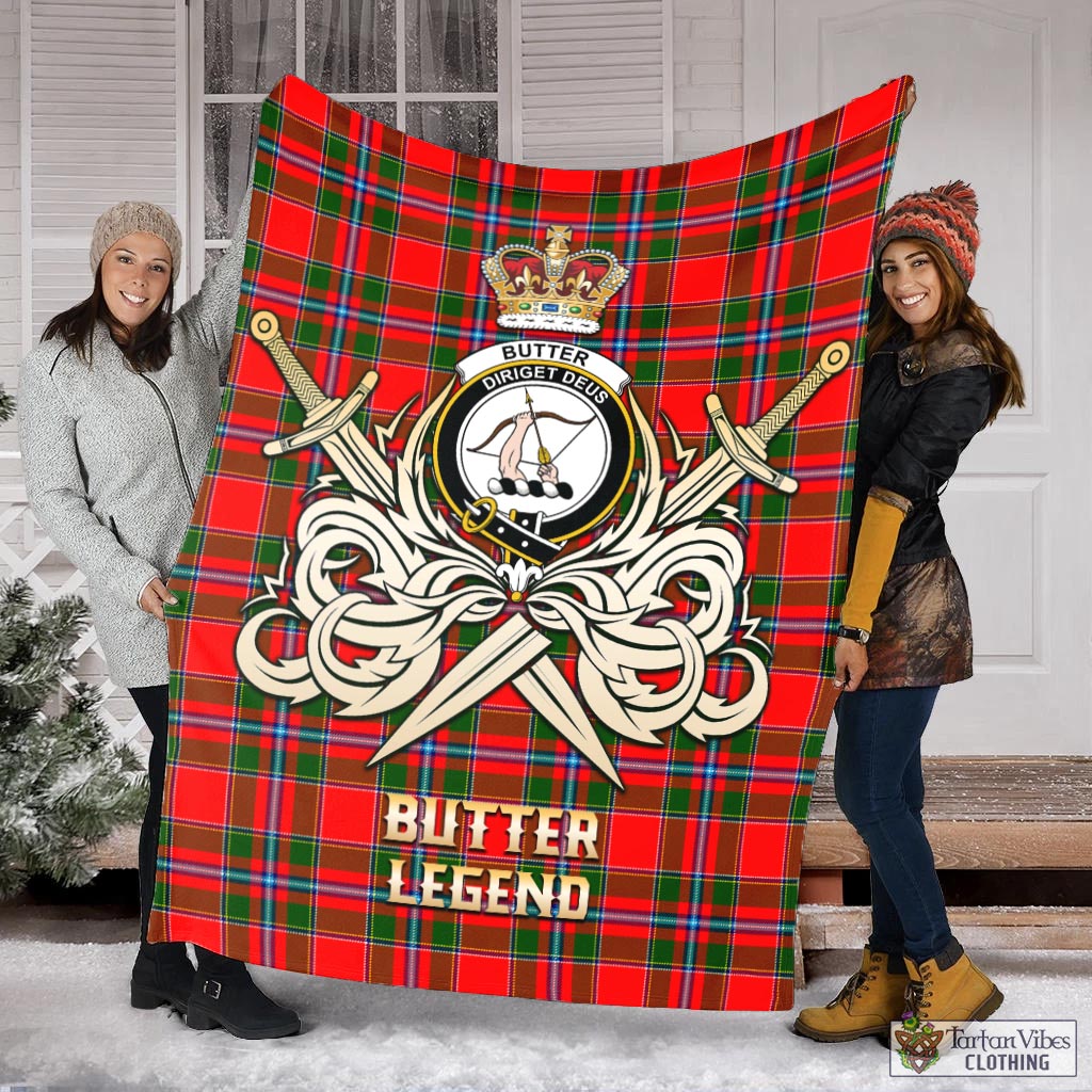 Tartan Vibes Clothing Butter Tartan Blanket with Clan Crest and the Golden Sword of Courageous Legacy