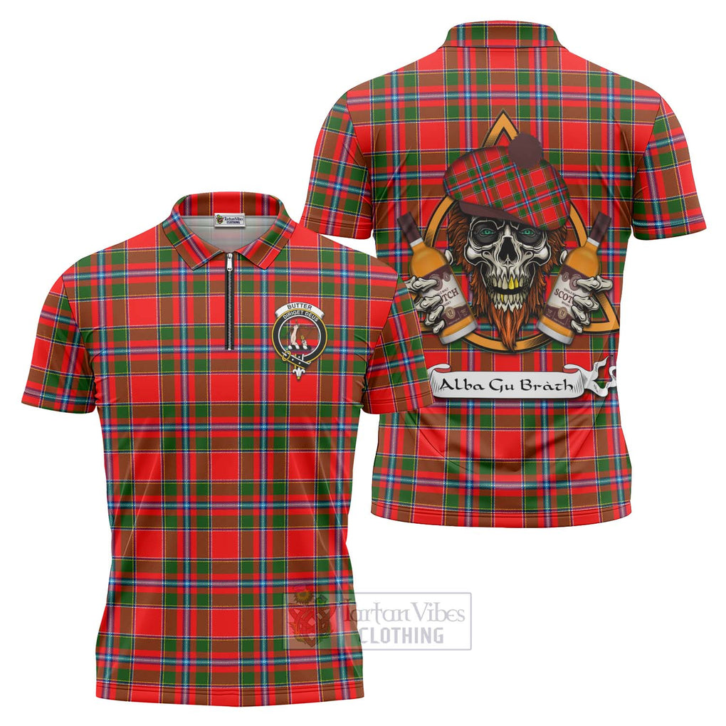 Tartan Vibes Clothing Butter Tartan Zipper Polo Shirt with Family Crest and Bearded Skull Holding Bottles of Whiskey