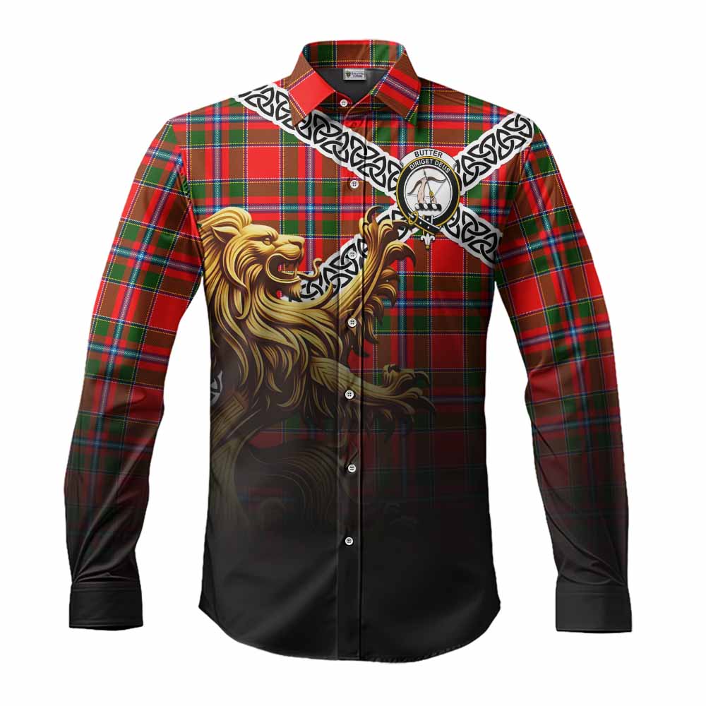 Butter Crest Tartan Long Sleeve Button Shirt with Golden Lion Emblem Celtic Style Men's Shirt S - Tartan Vibes Clothing