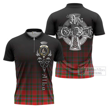 Butter Tartan Zipper Polo Shirt Featuring Alba Gu Brath Family Crest Celtic Inspired