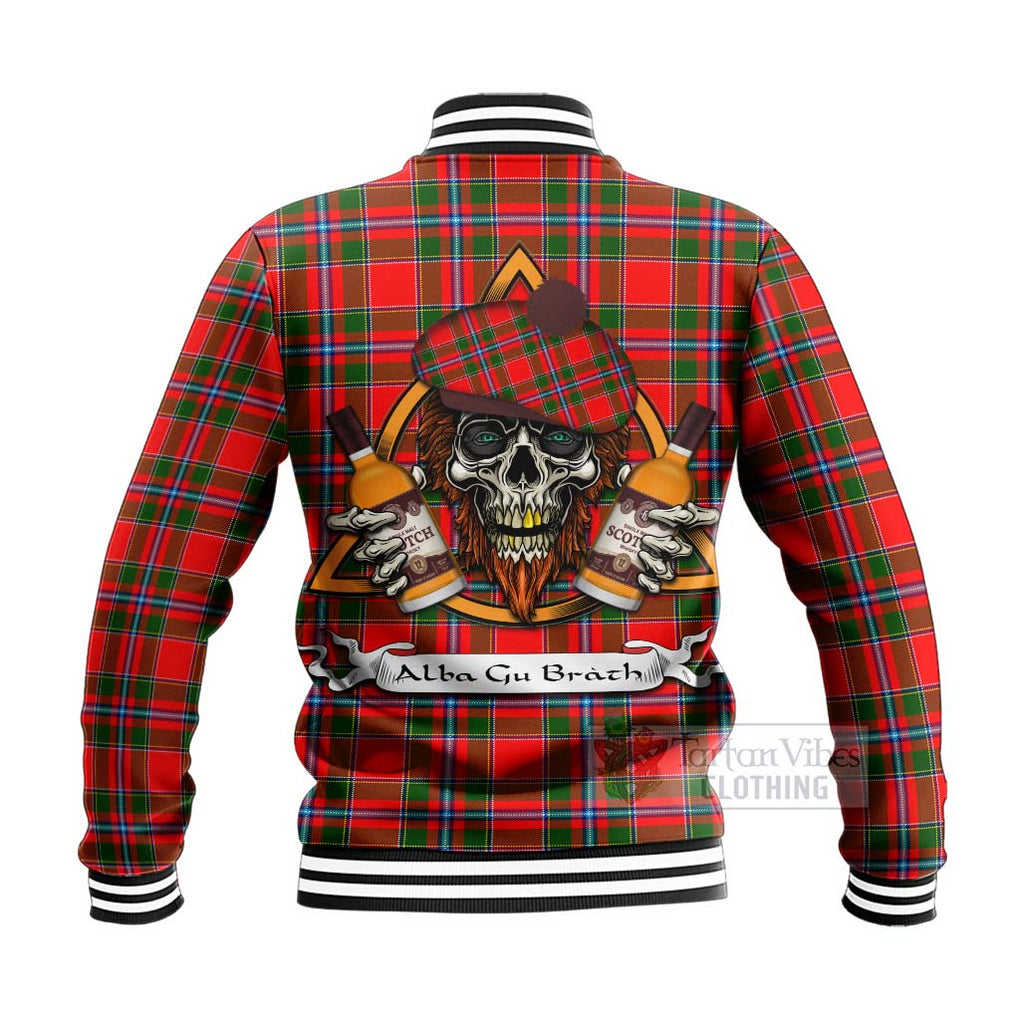 Tartan Vibes Clothing Butter Tartan Baseball Jacket with Family Crest and Bearded Skull Holding Bottles of Whiskey