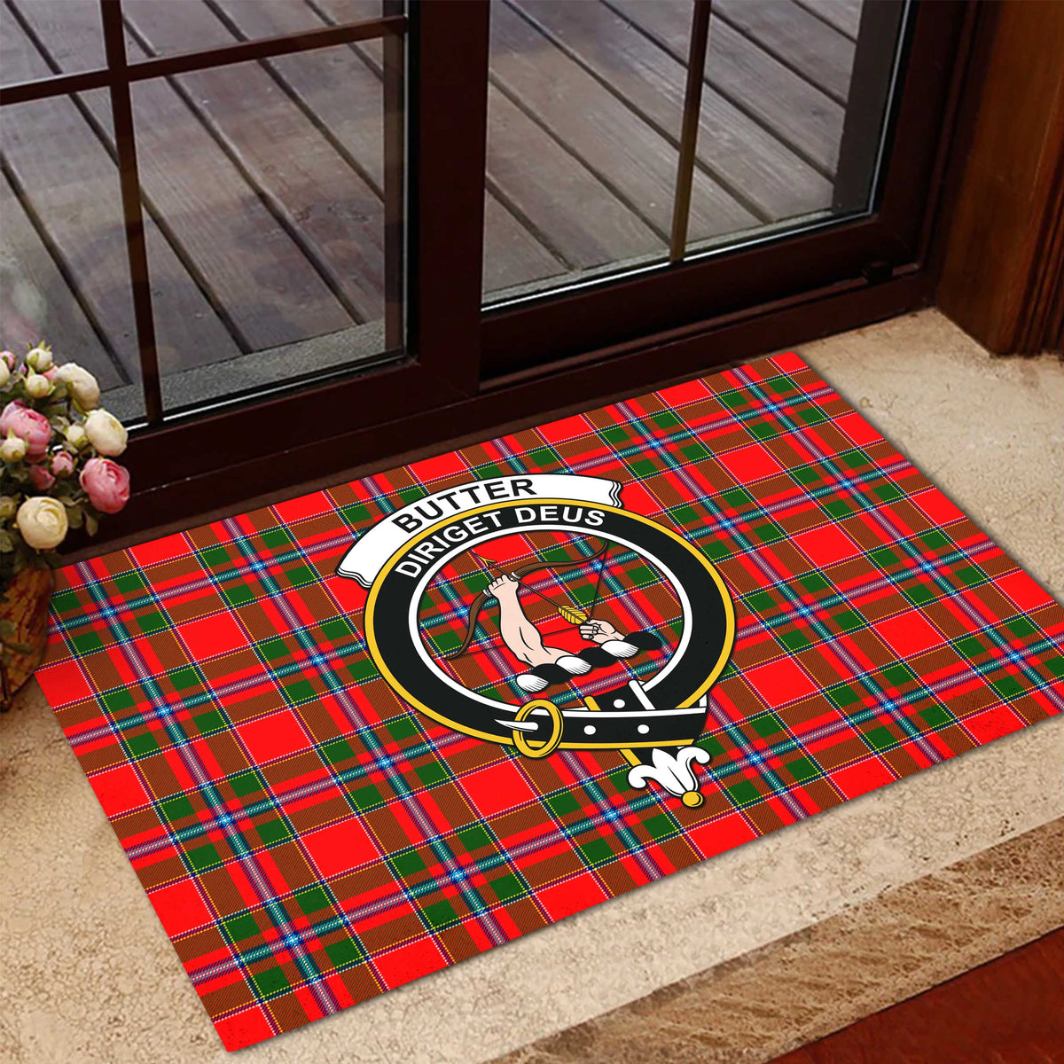 Butter Tartan Rubber Doormat with Family Crest - Tartan Vibes Clothing