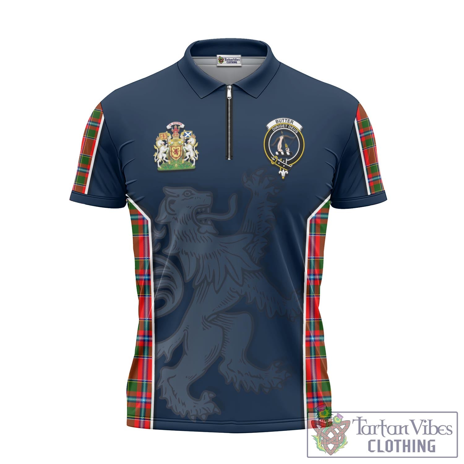 Tartan Vibes Clothing Butter Tartan Zipper Polo Shirt with Family Crest and Lion Rampant Vibes Sport Style