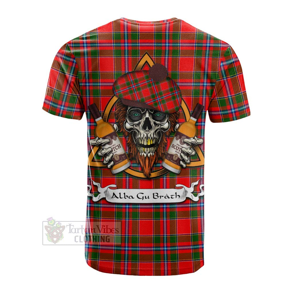 Tartan Vibes Clothing Butter Tartan Cotton T-shirt with Family Crest and Bearded Skull Holding Bottles of Whiskey