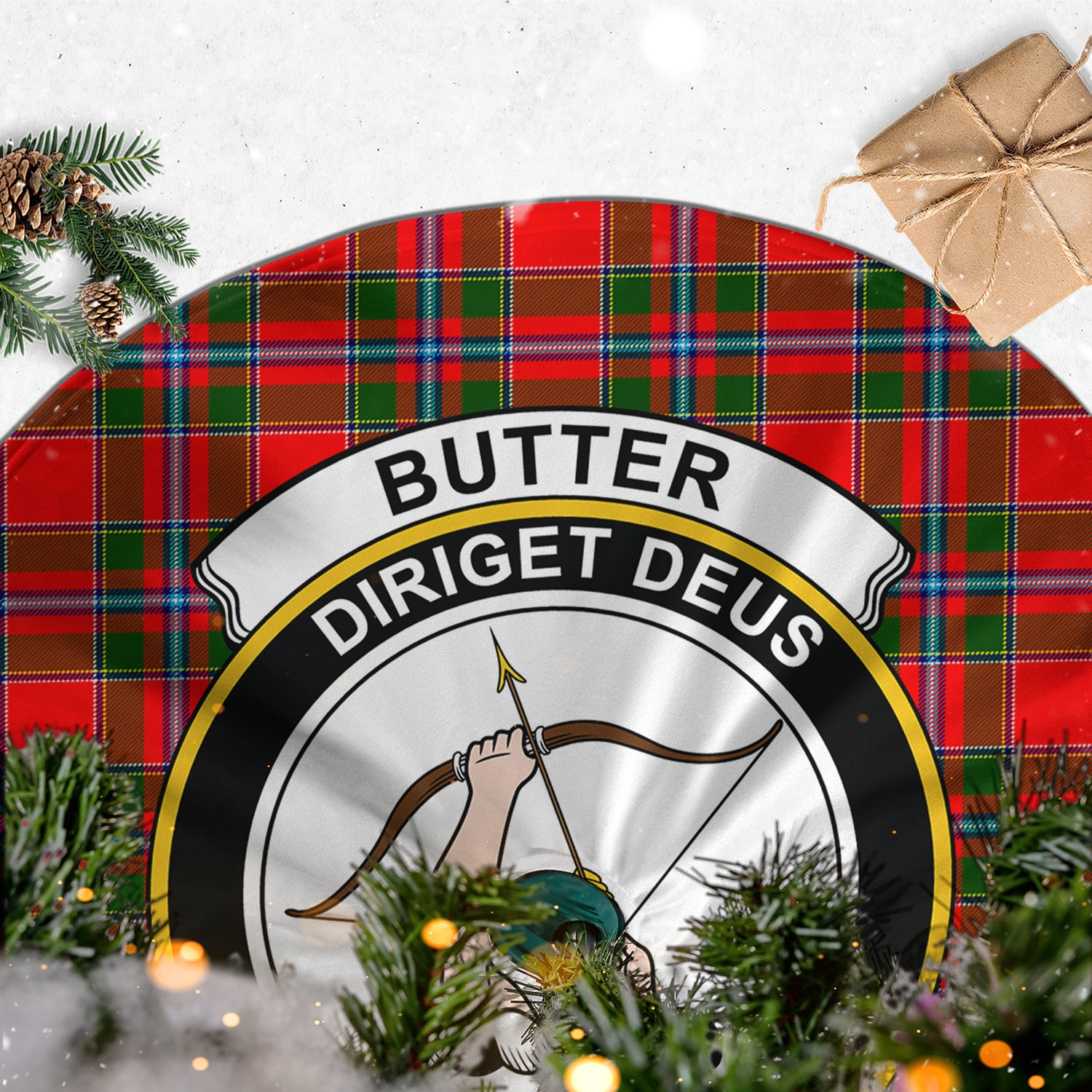 Butter Tartan Christmas Tree Skirt with Family Crest - Tartanvibesclothing