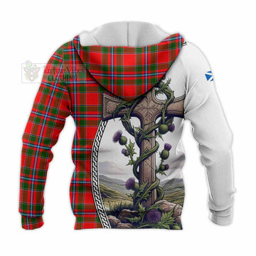 Butter Tartan Knitted Hoodie with Family Crest and St. Andrew's Cross Accented by Thistle Vines - Tartan Vibes Clothing