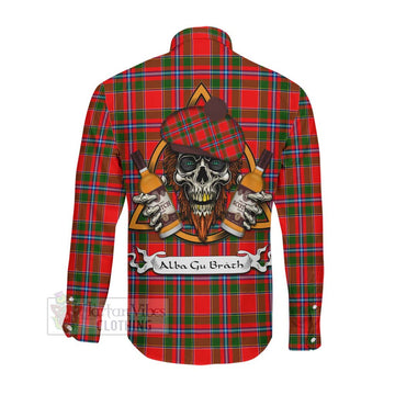 Butter Tartan Long Sleeve Button Shirt with Family Crest and Bearded Skull Holding Bottles of Whiskey Men's Shirt - Tartan Vibes Clothing