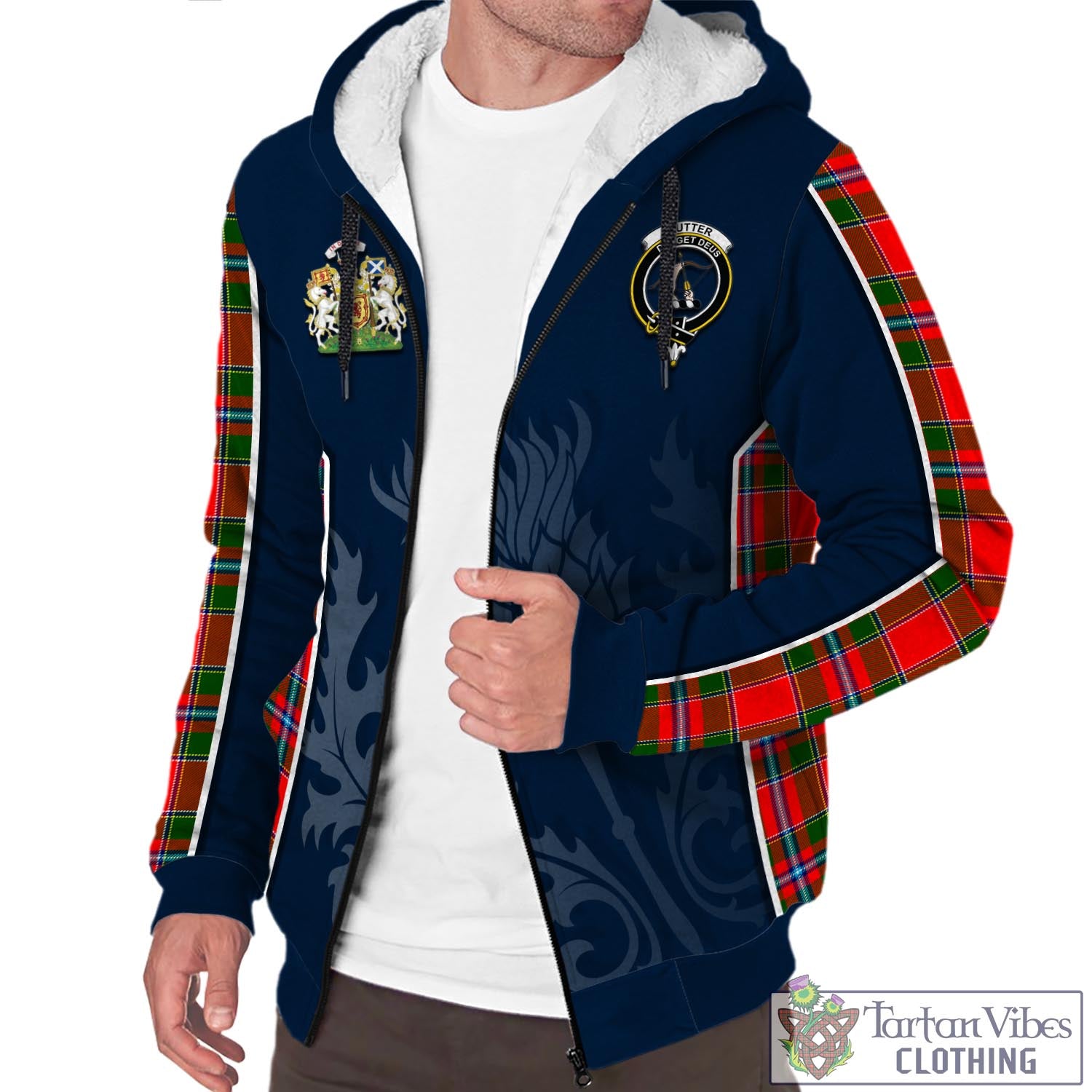 Tartan Vibes Clothing Butter Tartan Sherpa Hoodie with Family Crest and Scottish Thistle Vibes Sport Style