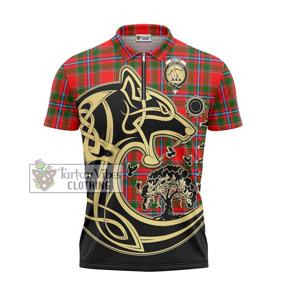 Butter Tartan Zipper Polo Shirt with Family Crest Celtic Wolf Style - Tartanvibesclothing Shop