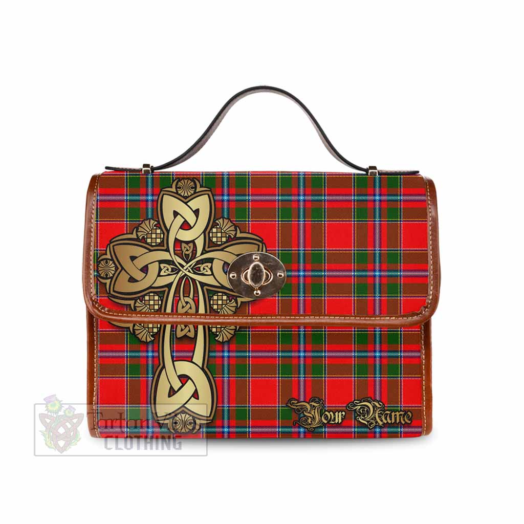 Butter Tartan Waterproof Canvas Bag Golden Thistle Celtic Cross Style Brown Leather Strap One Size 10.5*20*27cm - Tartan Vibes Clothing