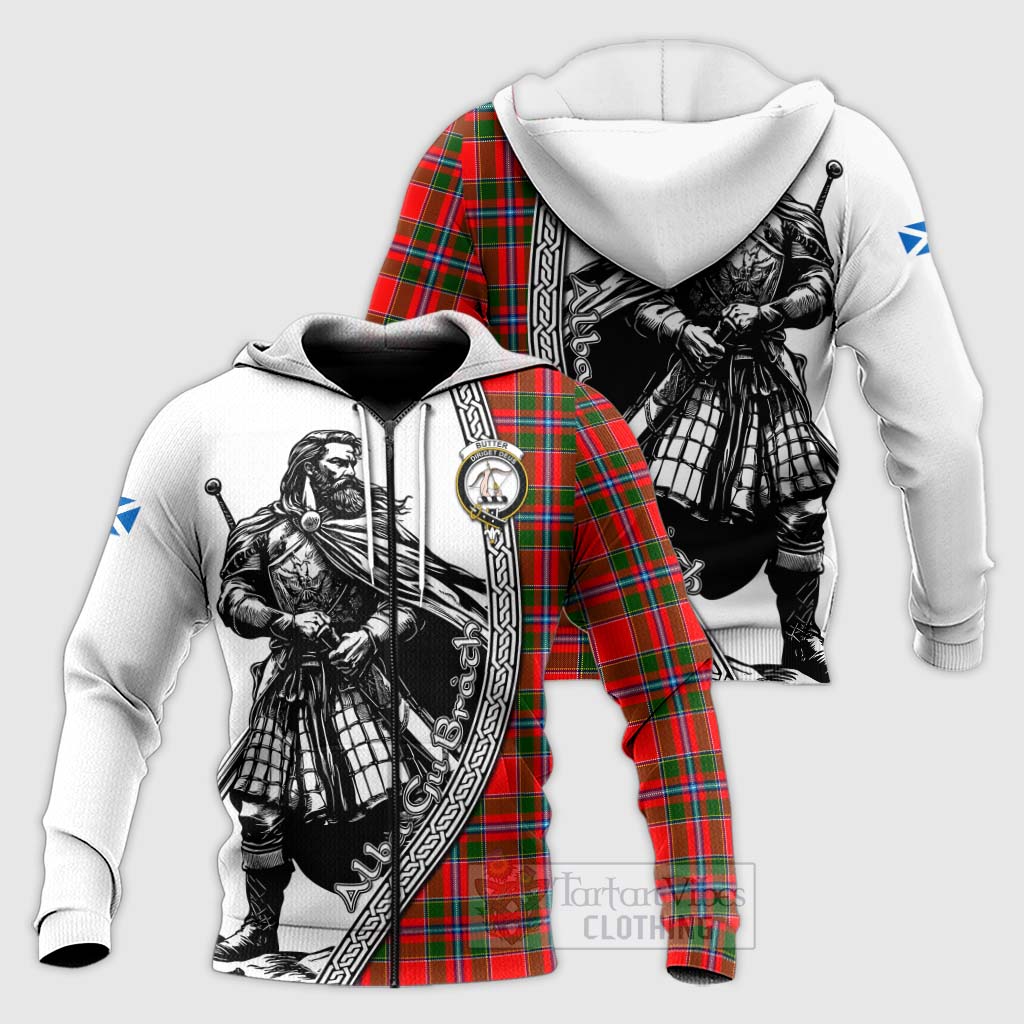 Tartan Vibes Clothing Butter Tartan Clan Crest Knitted Hoodie with Highlander Warrior Celtic Style