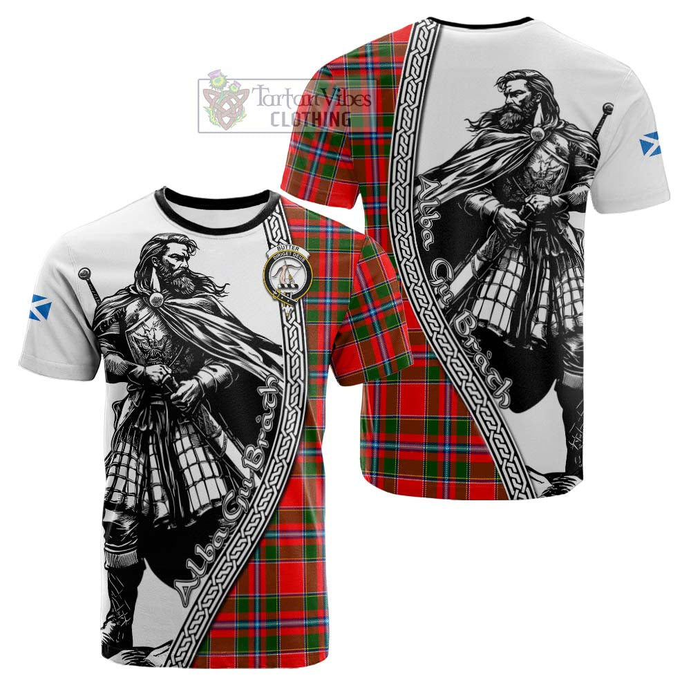 Butter Tartan Clan Crest Cotton T-shirt with Highlander Warrior Celtic Style