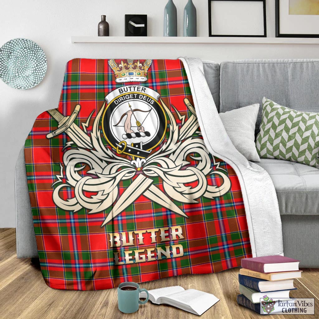 Tartan Vibes Clothing Butter Tartan Blanket with Clan Crest and the Golden Sword of Courageous Legacy