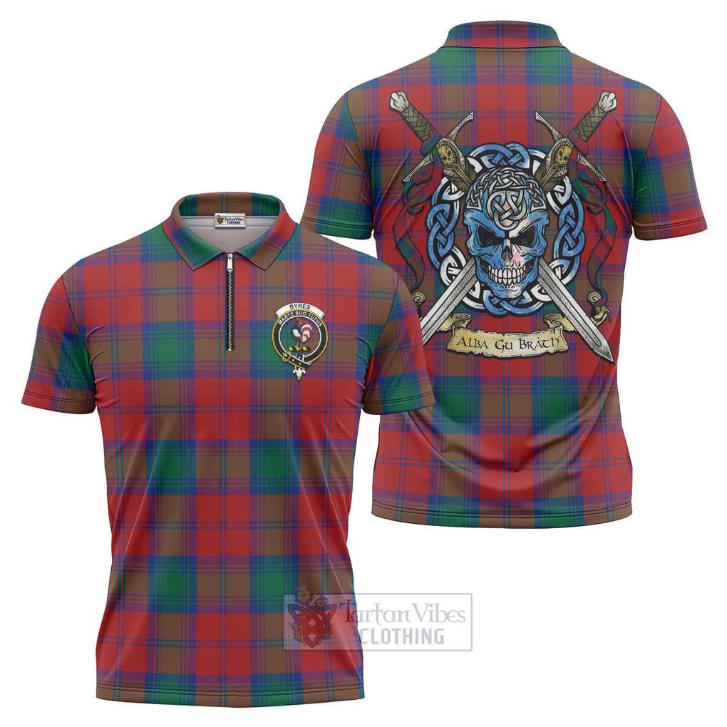 Tartan Vibes Clothing Byres (Byses) Tartan Zipper Polo Shirt with Family Crest Celtic Skull Style