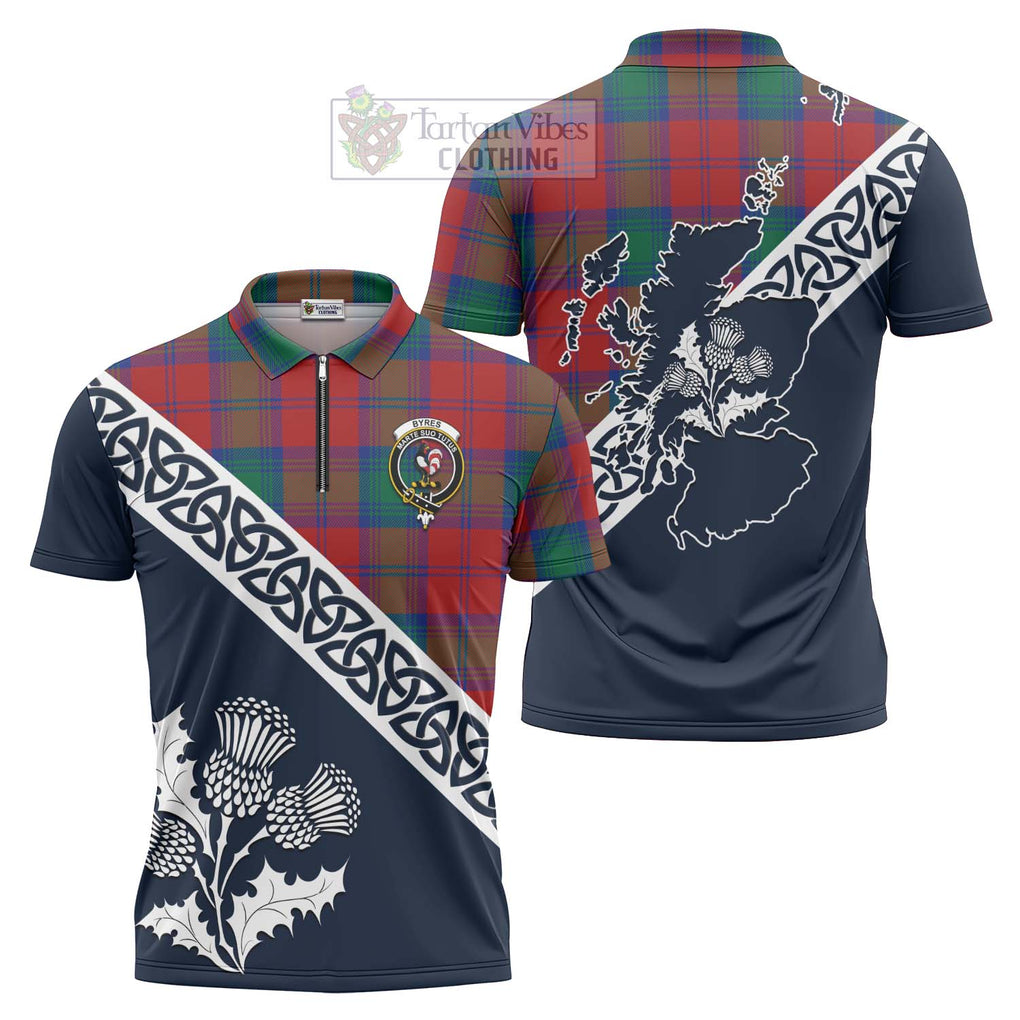 Tartan Vibes Clothing Byres (Byses) Tartan Zipper Polo Shirt Featuring Thistle and Scotland Map