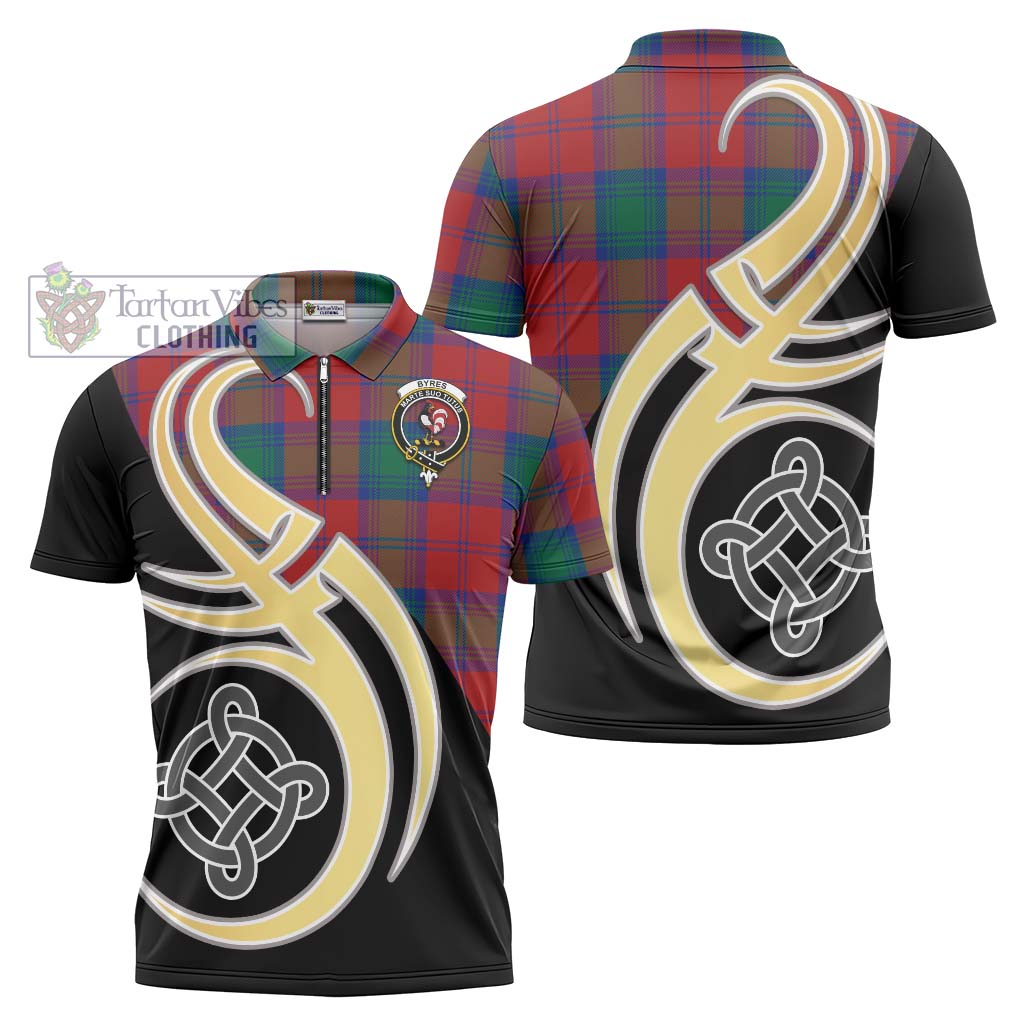 Tartan Vibes Clothing Byres (Byses) Tartan Zipper Polo Shirt with Family Crest and Celtic Symbol Style