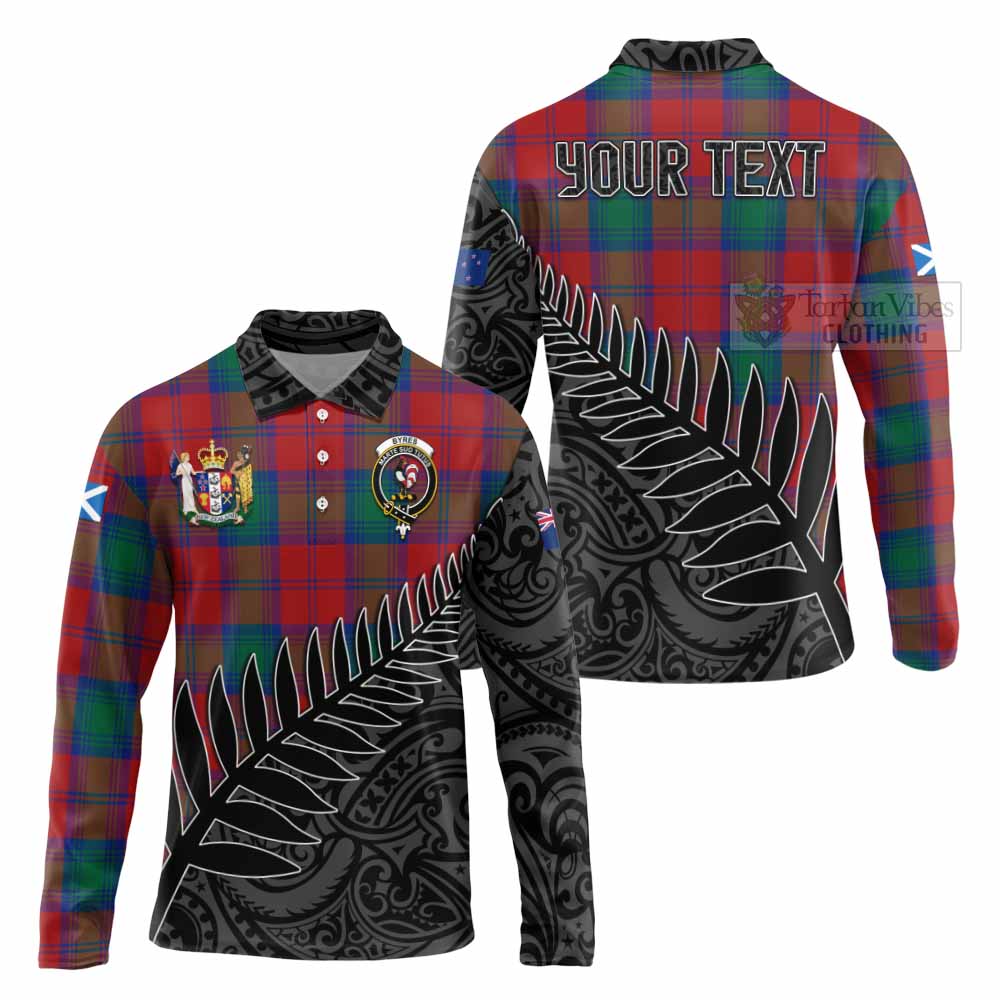 Tartan Vibes Clothing Byres (Byses) Crest Tartan Long Sleeve Polo Shirt with New Zealand Silver Fern Half Style