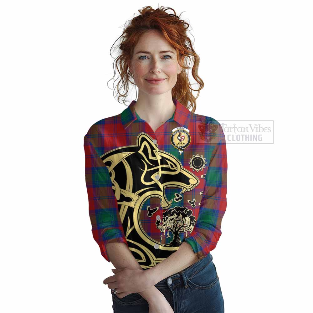 Tartan Vibes Clothing Byres (Byses) Tartan Women's Casual Shirt with Family Crest Celtic Wolf Style