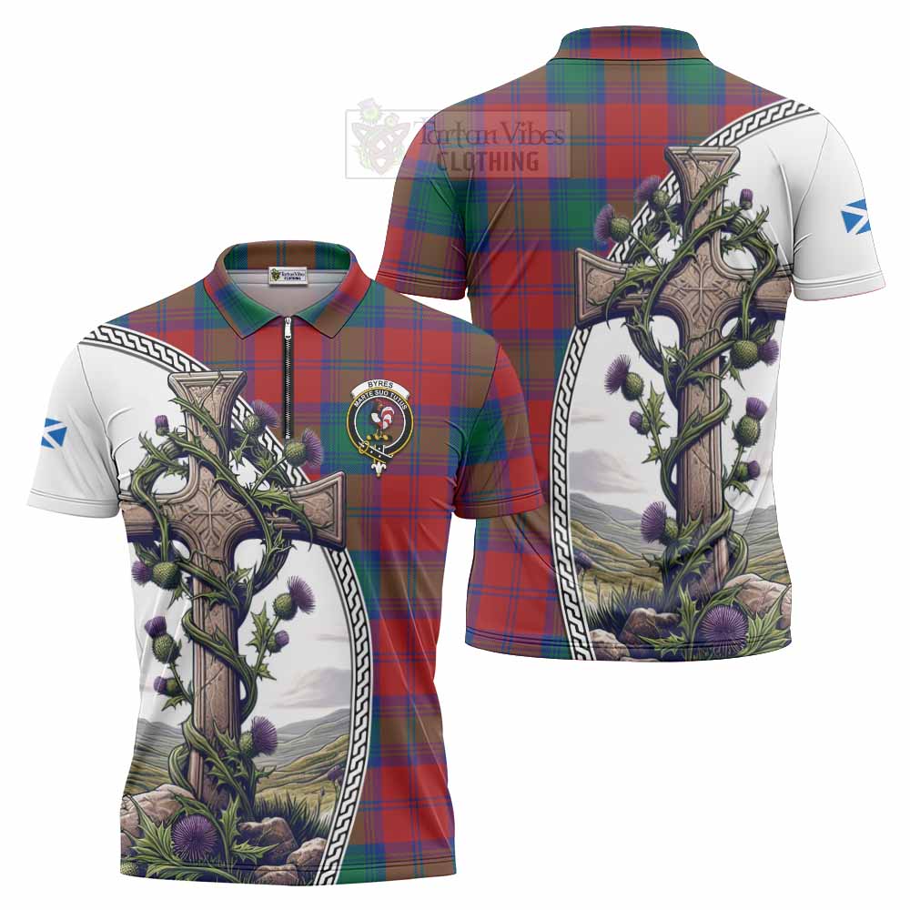 Tartan Vibes Clothing Byres (Byses) Tartan Zipper Polo Shirt with Family Crest and St. Andrew's Cross Accented by Thistle Vines