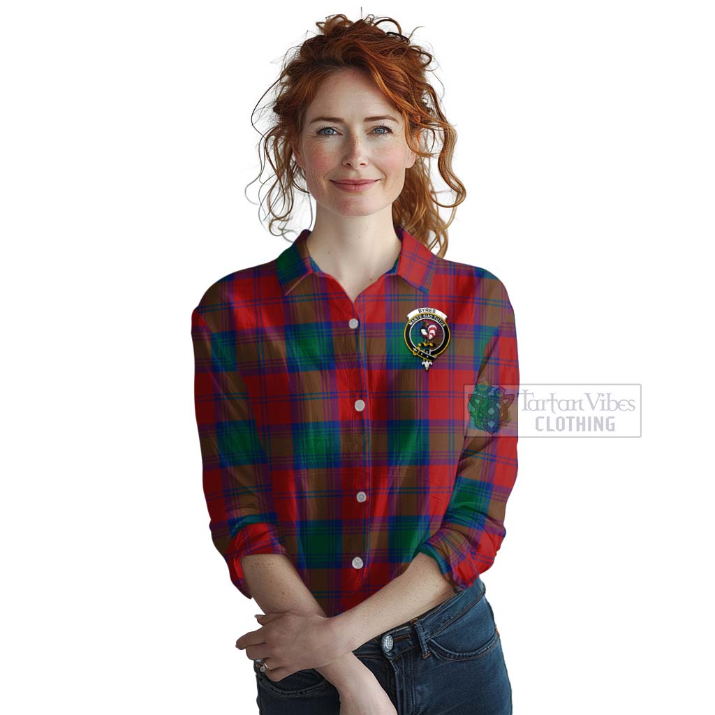 Tartan Vibes Clothing Byres (Byses) Tartan Women's Casual Shirt with Family Crest Celtic Skull Style