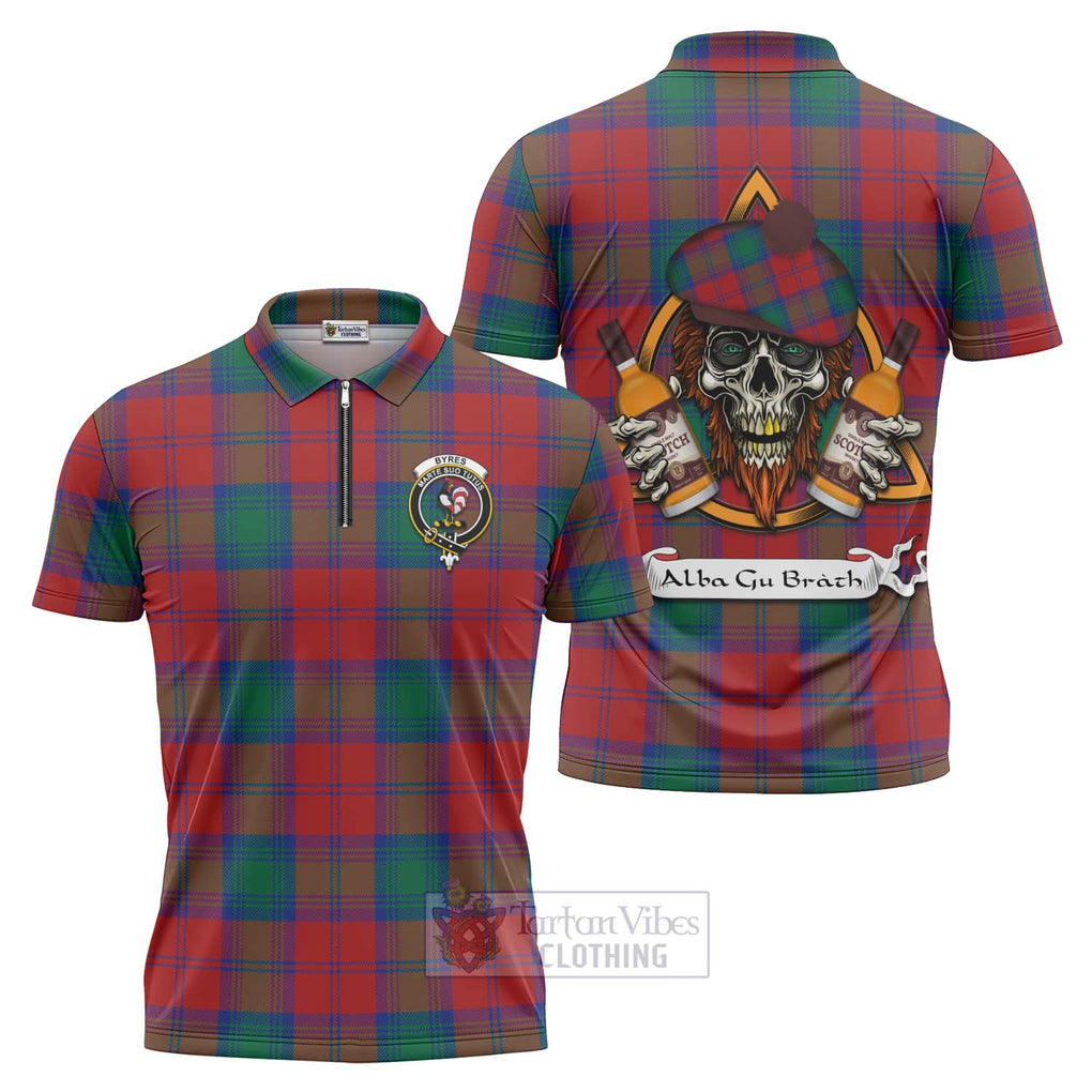 Tartan Vibes Clothing Byres (Byses) Tartan Zipper Polo Shirt with Family Crest and Bearded Skull Holding Bottles of Whiskey